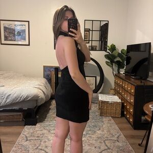 Vintage beaded backless halter mini dress, LBD little black dress